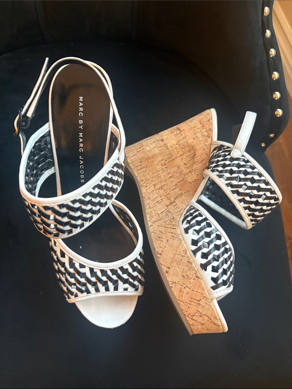 Marc by Marc Jacobs Black & White Woven Cork Wedge Sandals